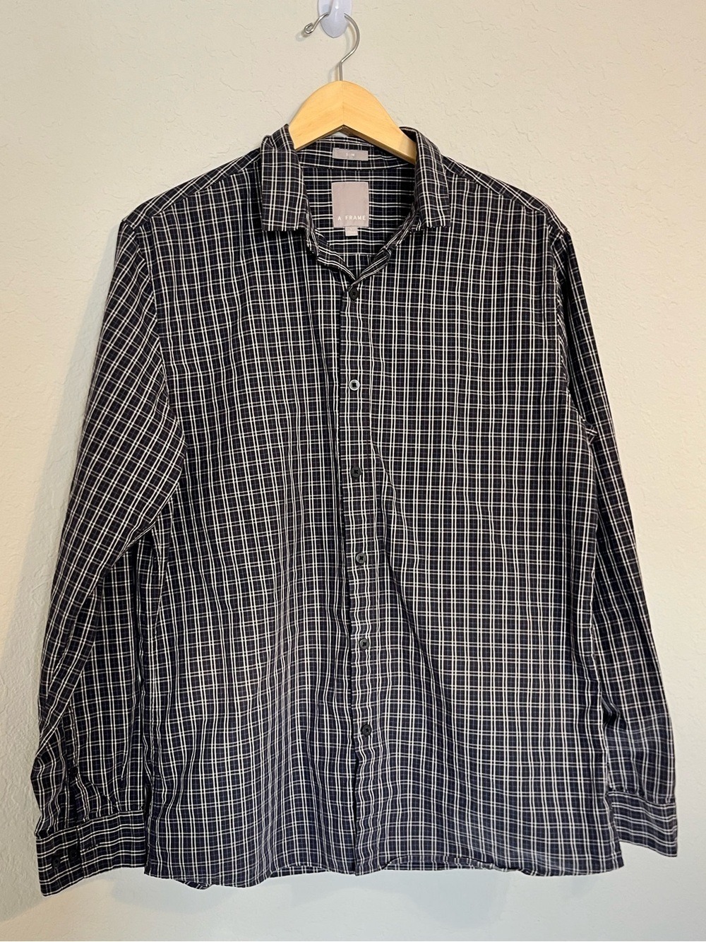 A Frame Slim Fit Plaid Button Down Shirt Blue White Cotton Size Large